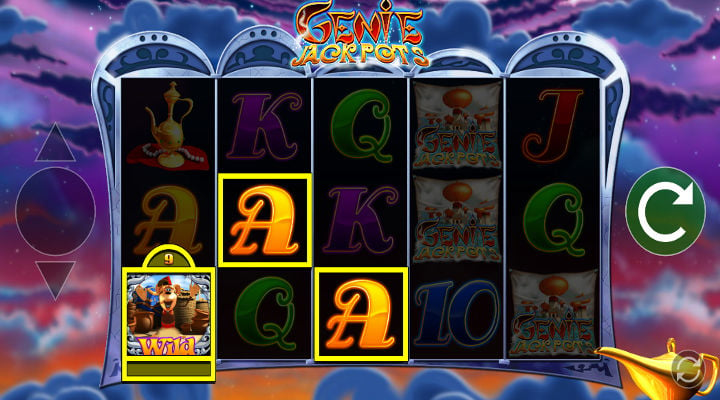 Tela de jogo com s&iacute;mbolos em destaque no slot Genie Jackpots